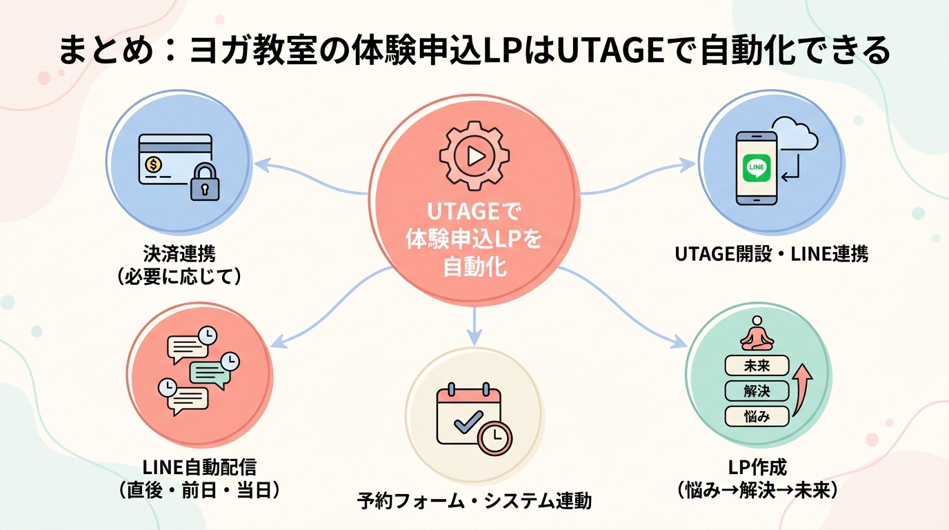 まとめ:ヨガ教室の体験申込LPはUTAGEで自動化できる